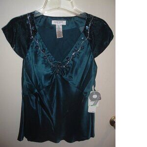 NWT VTG Y2K  Babydoll Forest Fairy Silk+Velvet Teal Blouse Top Enchanted 8P